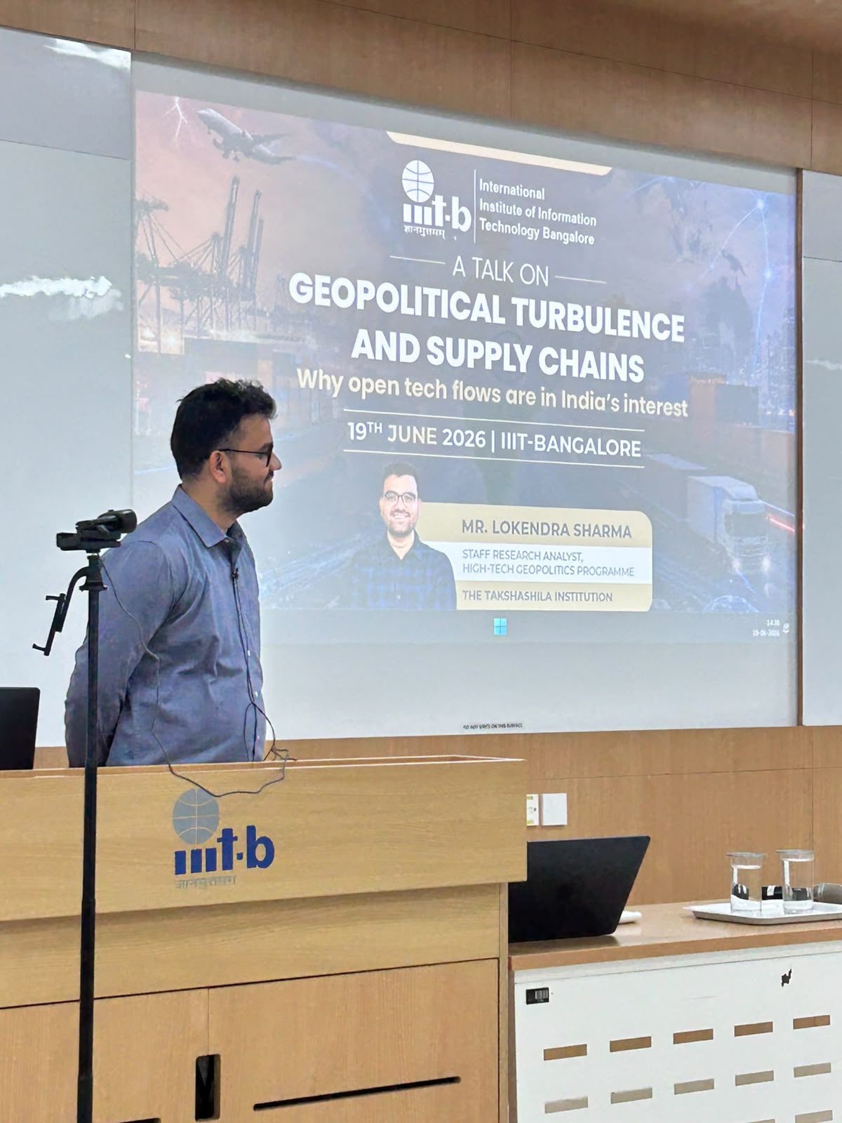 Lokendra Sharma delivering a talk at IIIT Bangalore on tech geopolitics and supply chains